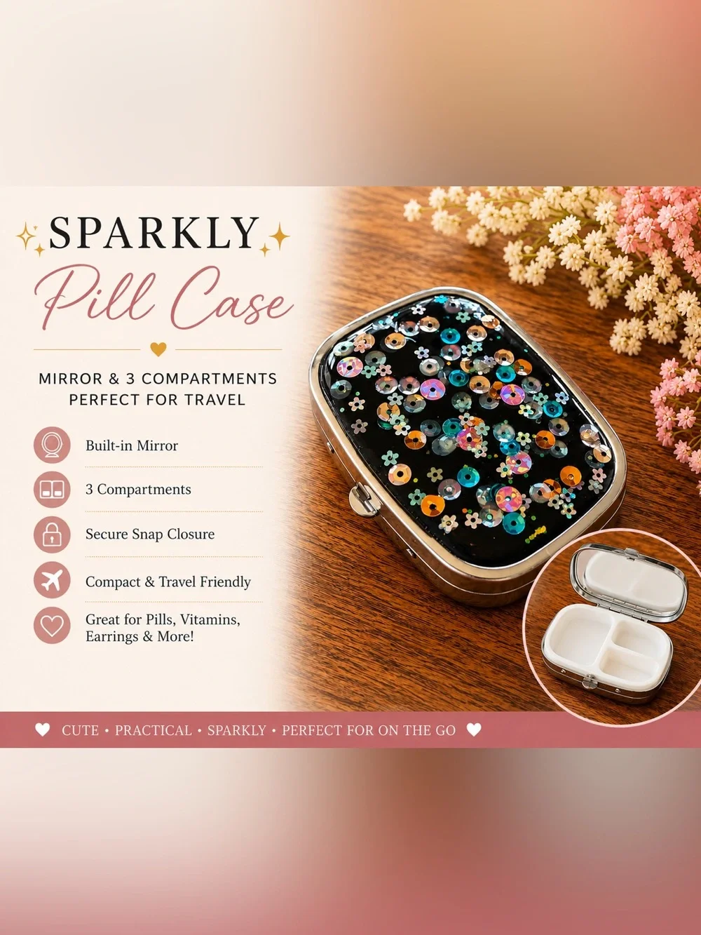 Sparkly Black Resin Travel Pill Case with Mirror & 3 Compartments